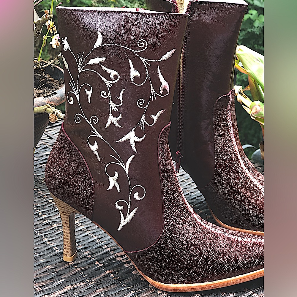 Burgundy Sting Ray And Leather Boots With White Embroidery. Mexican Hand Crafted